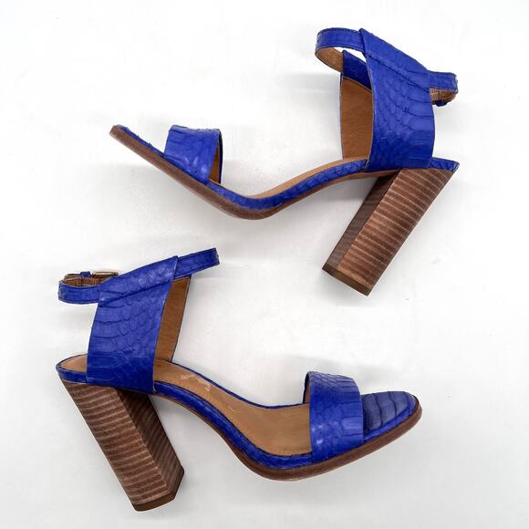 COACH Lexey Snake Embossed Leather Sandals 6 Cobalt Blue Stacked Block Heel - Picture 6 of 11